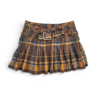 Like an Angel XL Plaid Pleated Mini Skirt Y2K Grunge Belted Brown Yellow EUC